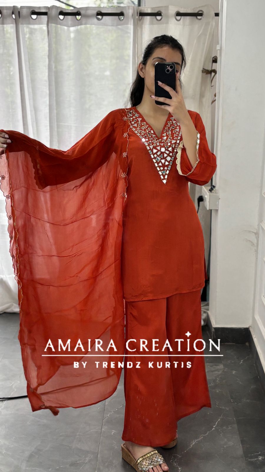 Premium Crepe Original Mirror Work Set With Scaling Organza  Dupatta