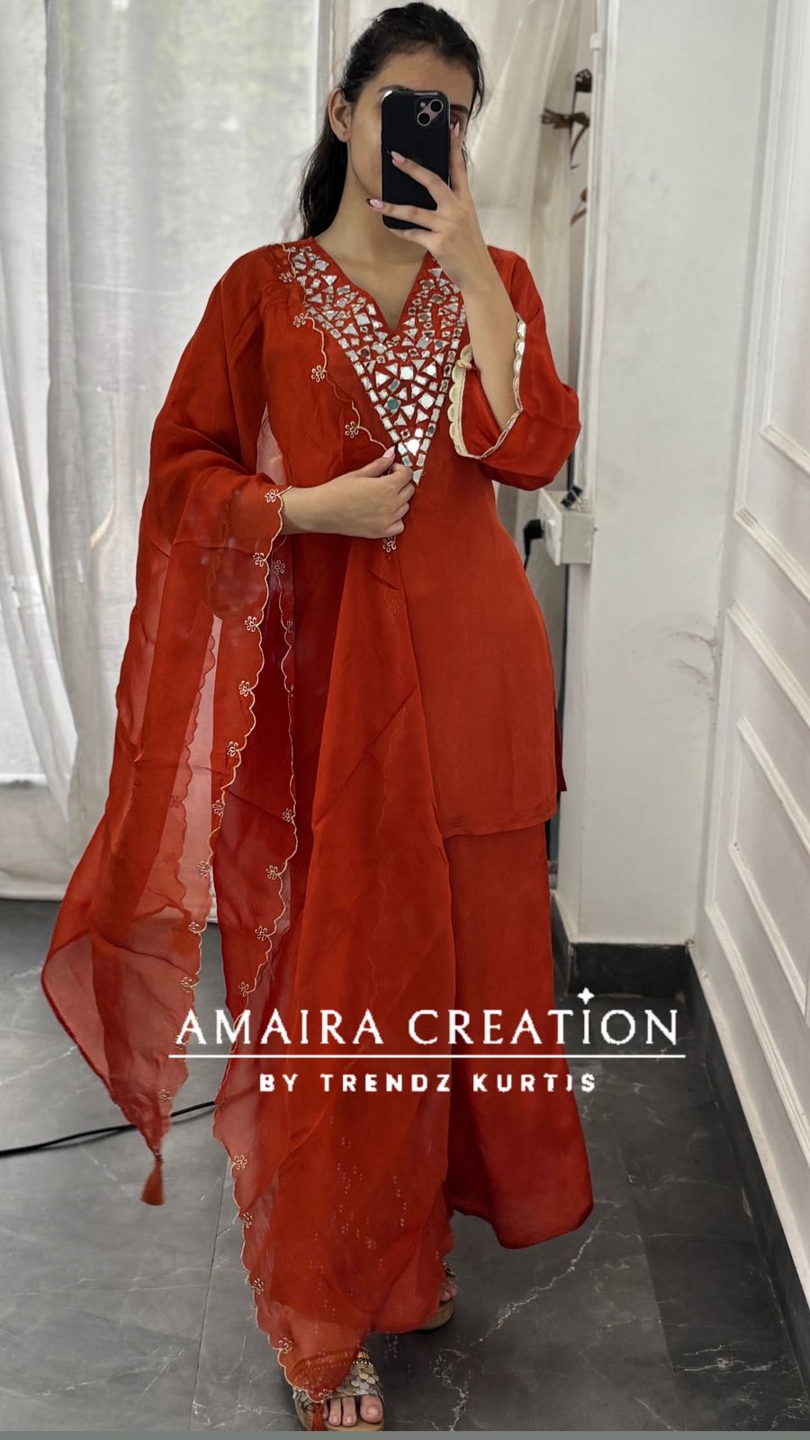 Premium Crepe Original Mirror Work Set With Scaling Organza  Dupatta