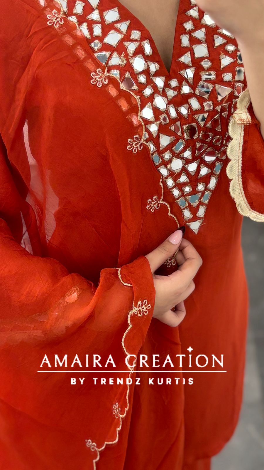 Premium Crepe Original Mirror Work Set With Scaling Organza  Dupatta