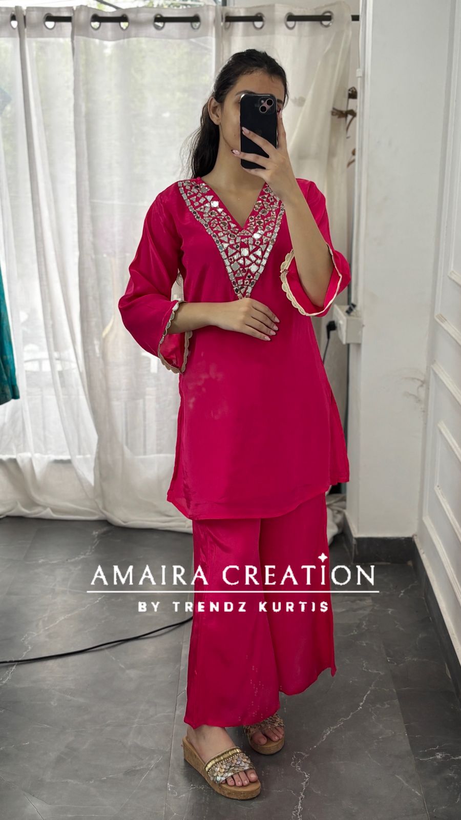 Premium Crepe Original Mirror Work Set With Scaling Organza  Dupatta