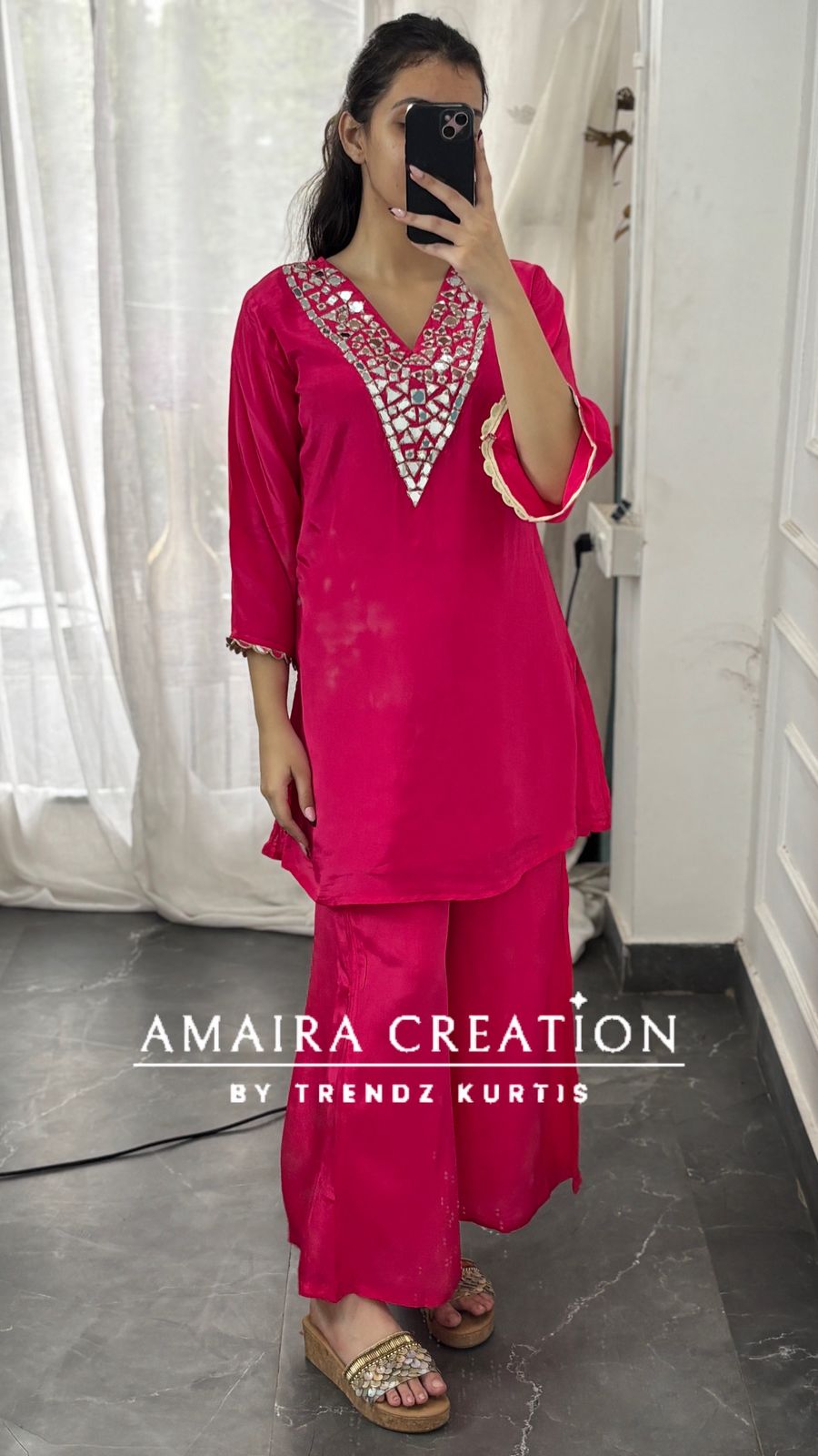 Premium Crepe Original Mirror Work Set With Scaling Organza  Dupatta