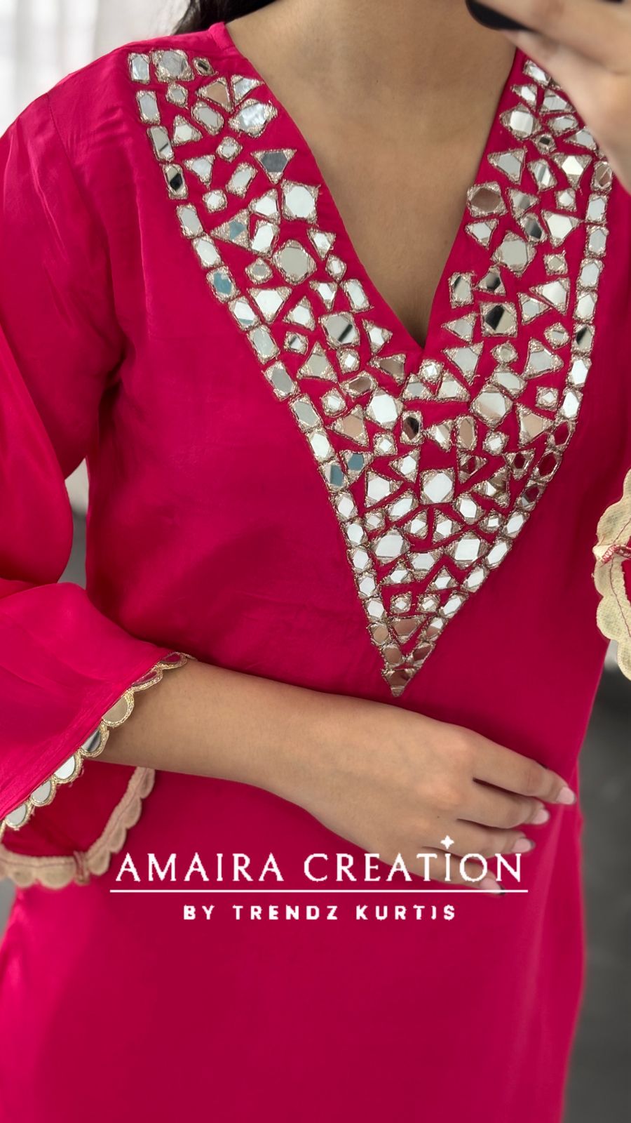 Premium Crepe Original Mirror Work Set With Scaling Organza  Dupatta
