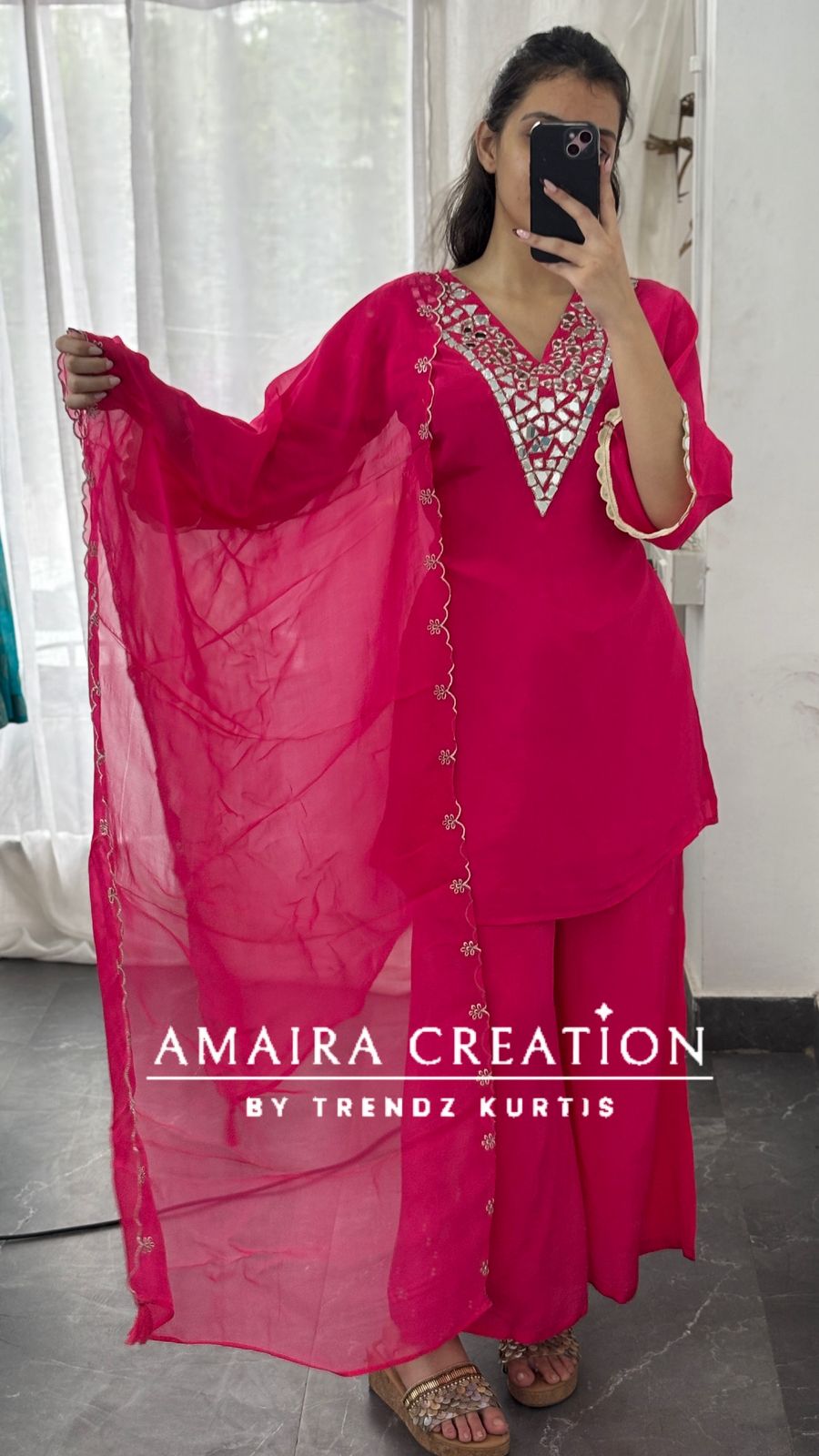 Premium Crepe Original Mirror Work Set With Scaling Organza  Dupatta