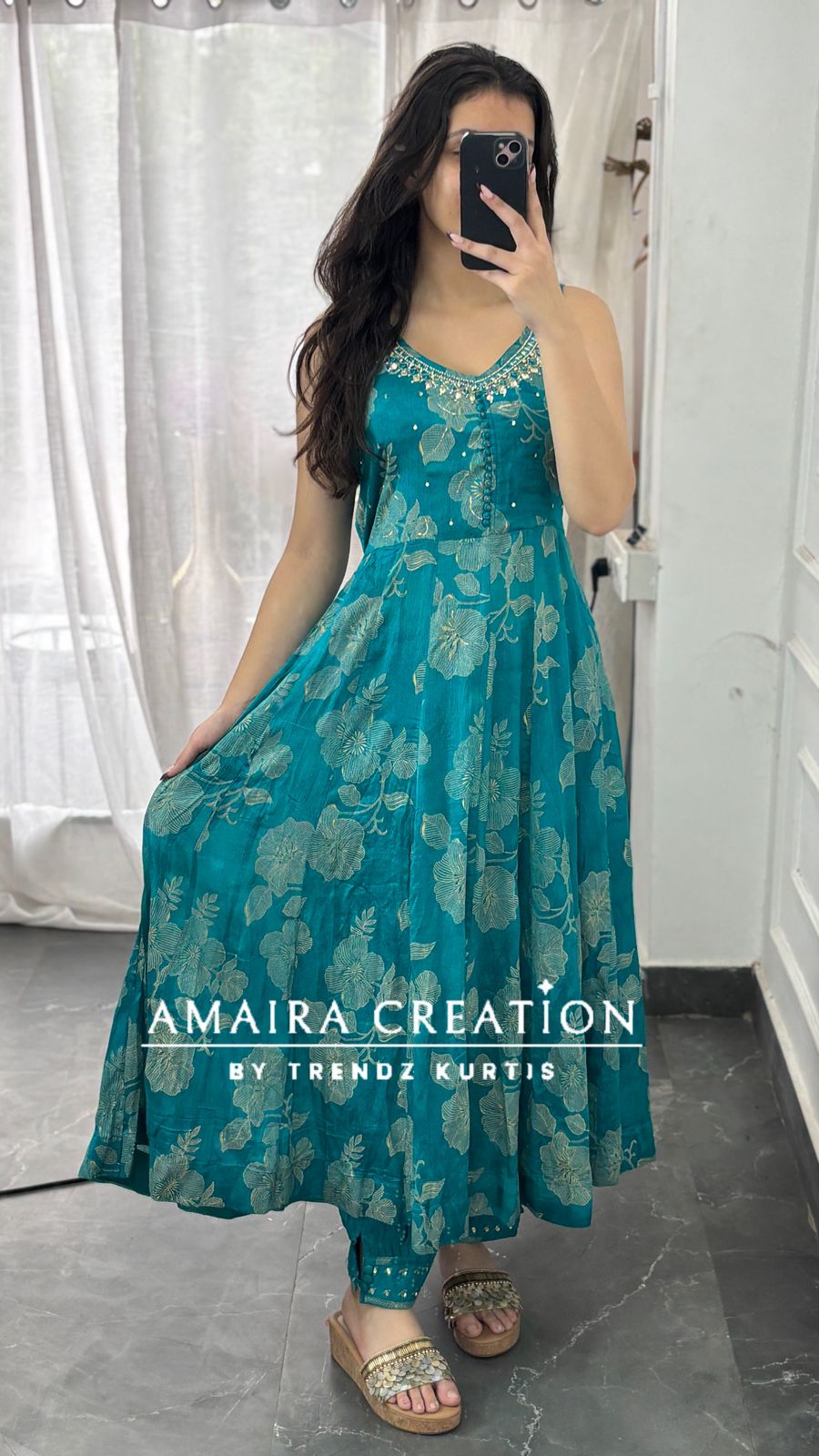 Premium Chinnon Full Flare Anarkali With Afghani Set(17 inches sleeves available)