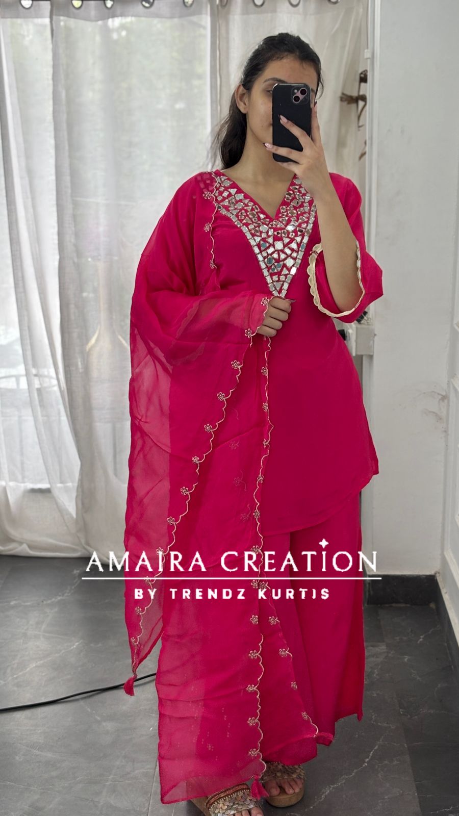 Premium Crepe Original Mirror Work Set With Scaling Organza  Dupatta