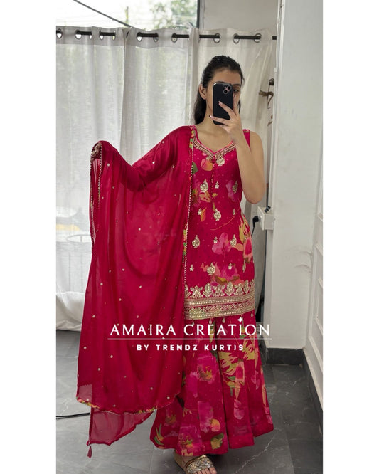 Premium Chinnon  Rani Colour Full Flare Divider Set(17 inches sleeves available)
