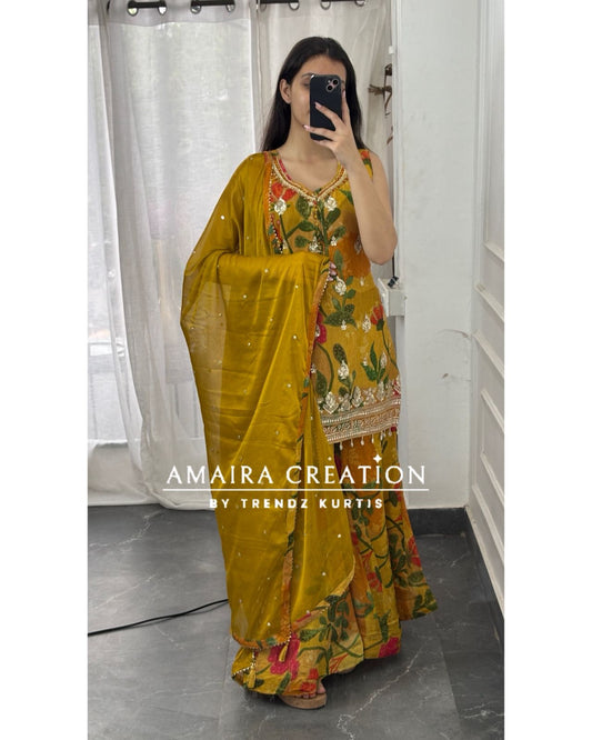 Premium Chinnon Mustard Color Full Flare Divider Set(17 inches sleeves available