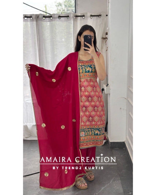 Premium Brocket Magenta Pant Set(17 inches sleeves available)