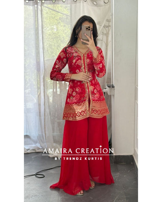Premium Organza Red Colour Short Kurti With Flare Georgette Divider Set