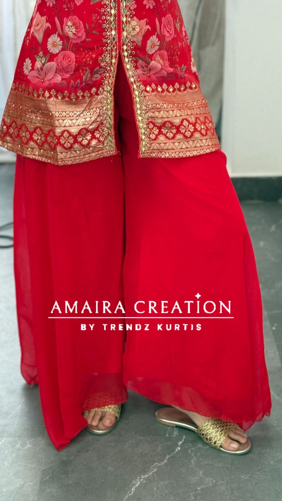 Premium Organza Red Colour Short Kurti With Flare Georgette Divider Set