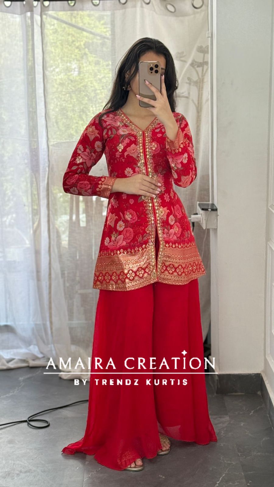 Premium Organza Red Colour Short Kurti With Flare Georgette Divider Set