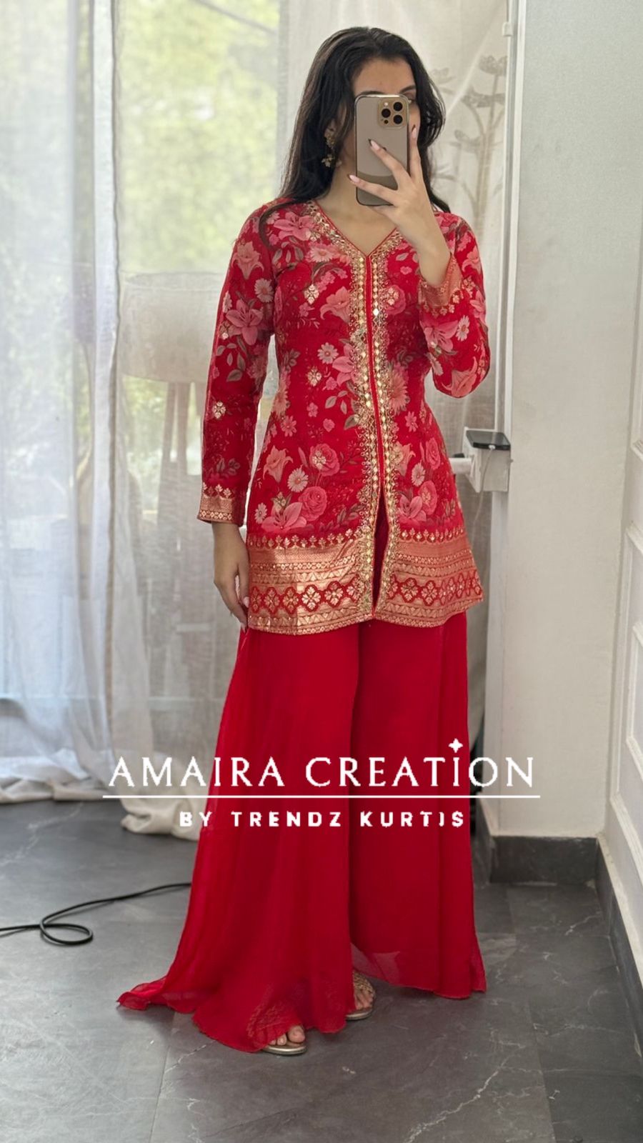 Premium Organza Red Colour Short Kurti With Flare Georgette Divider Set