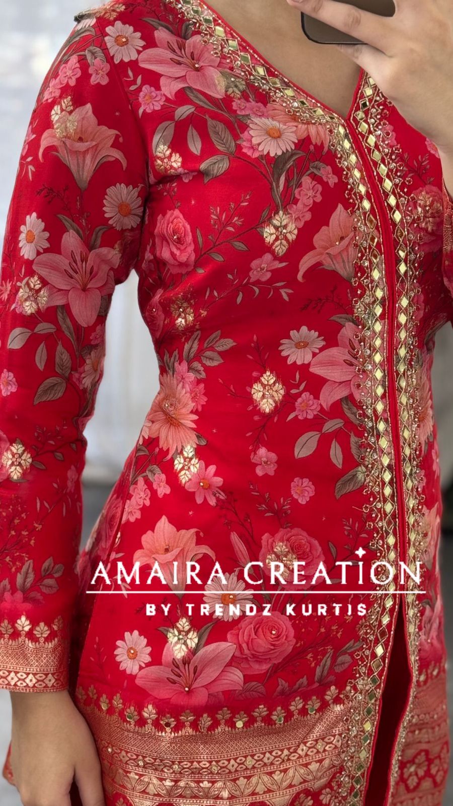 Premium Organza Red Colour Short Kurti With Flare Georgette Divider Set