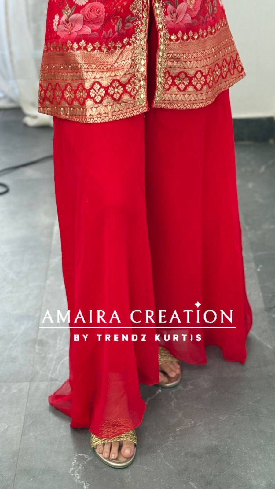 Premium Organza Red Colour Short Kurti With Flare Georgette Divider Set