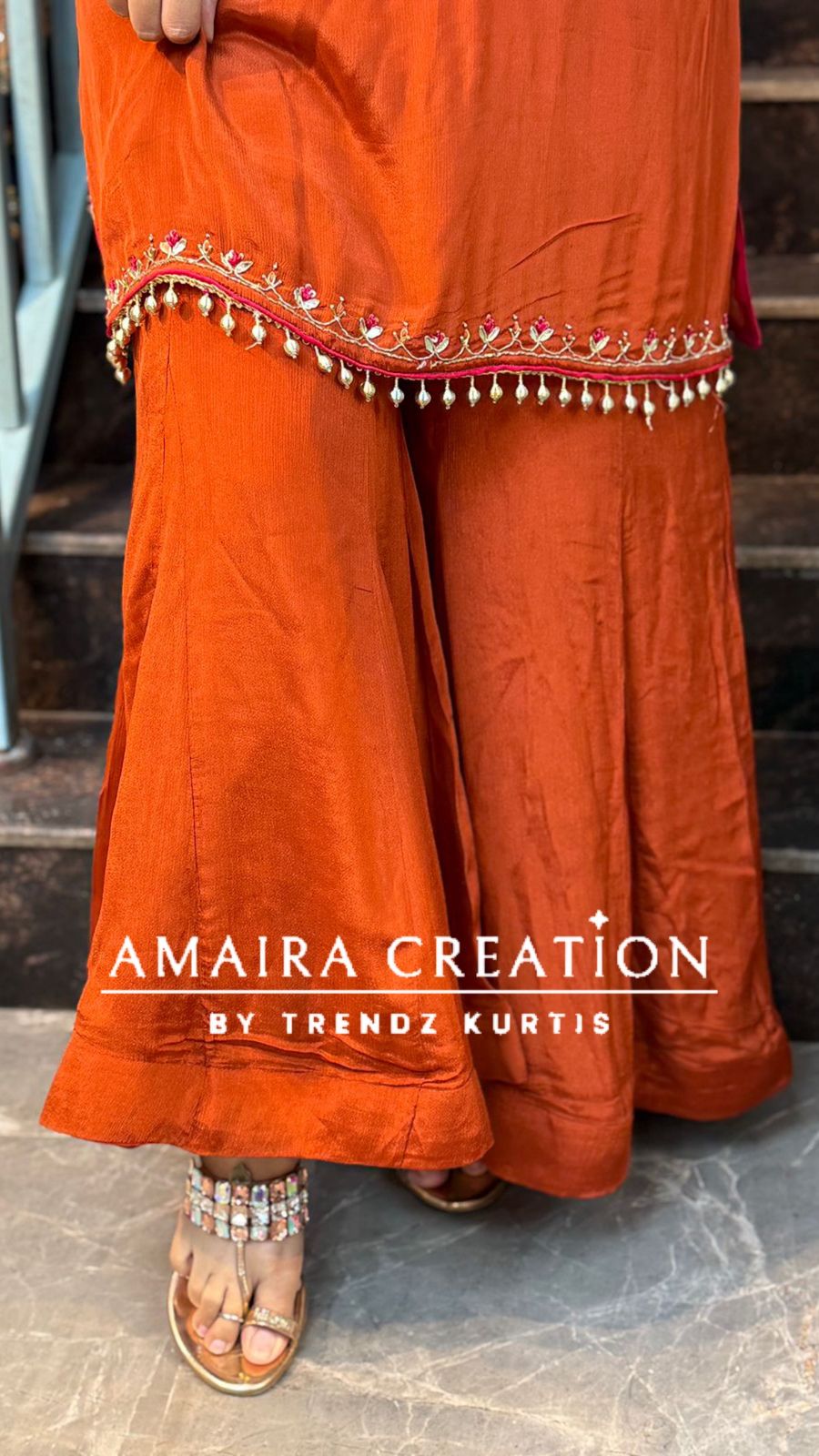 remium Chinnon Rust Full Flare Divider Set With Beautiful Organza Dupatta