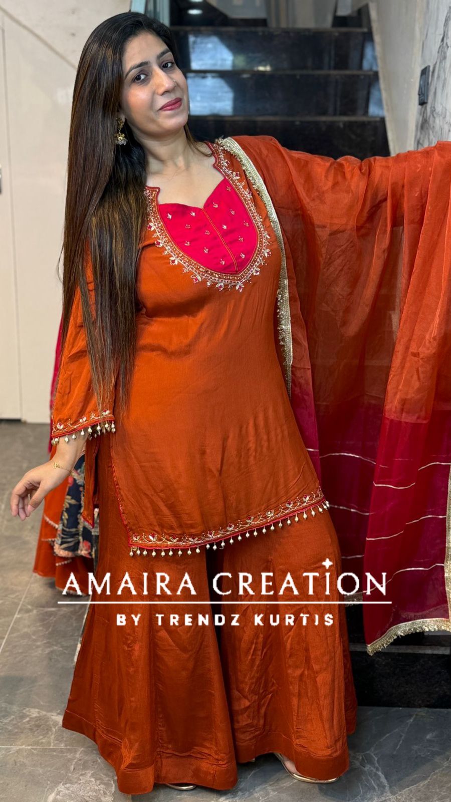 remium Chinnon Rust Full Flare Divider Set With Beautiful Organza Dupatta