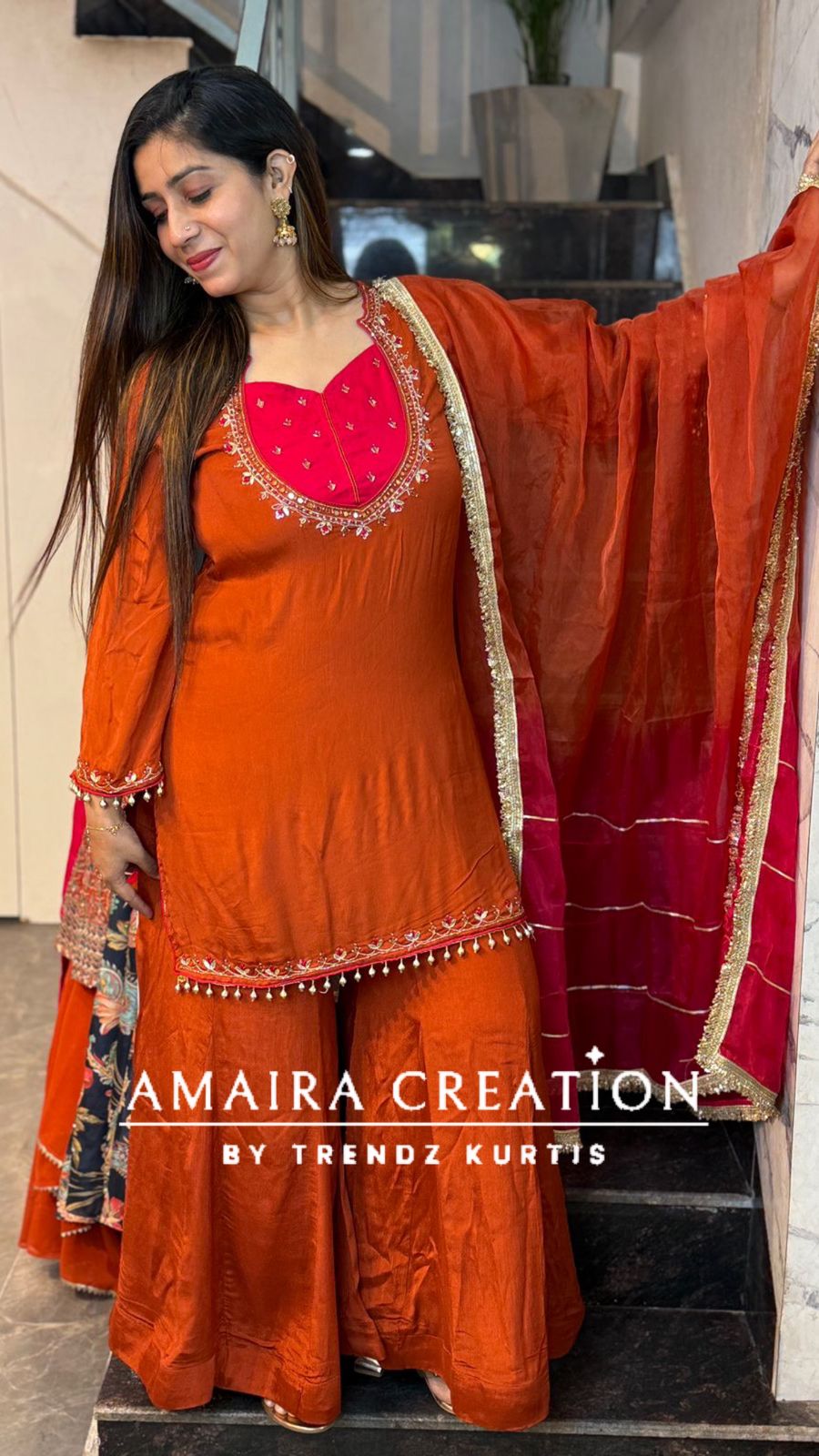 remium Chinnon Rust Full Flare Divider Set With Beautiful Organza Dupatta