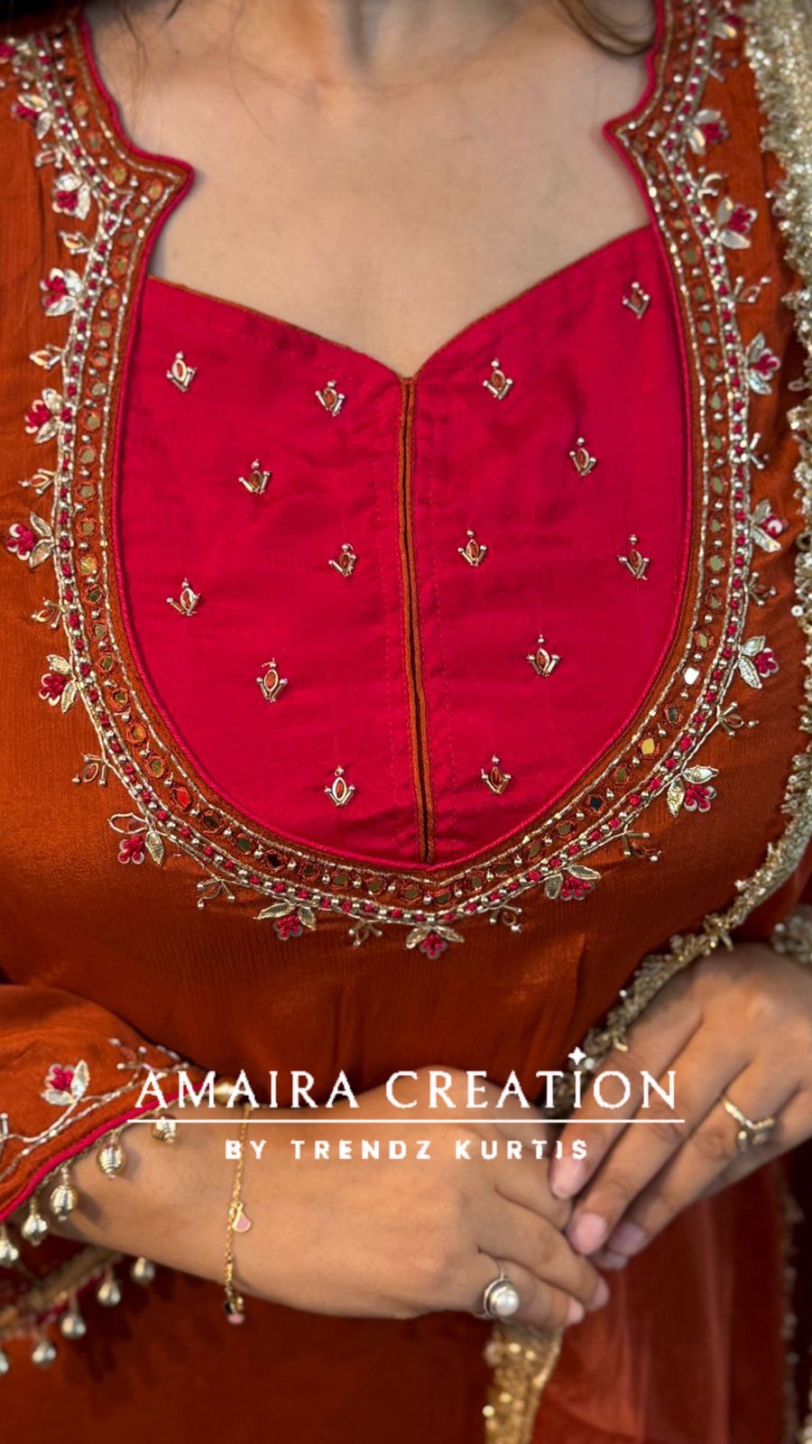 remium Chinnon Rust Full Flare Divider Set With Beautiful Organza Dupatta
