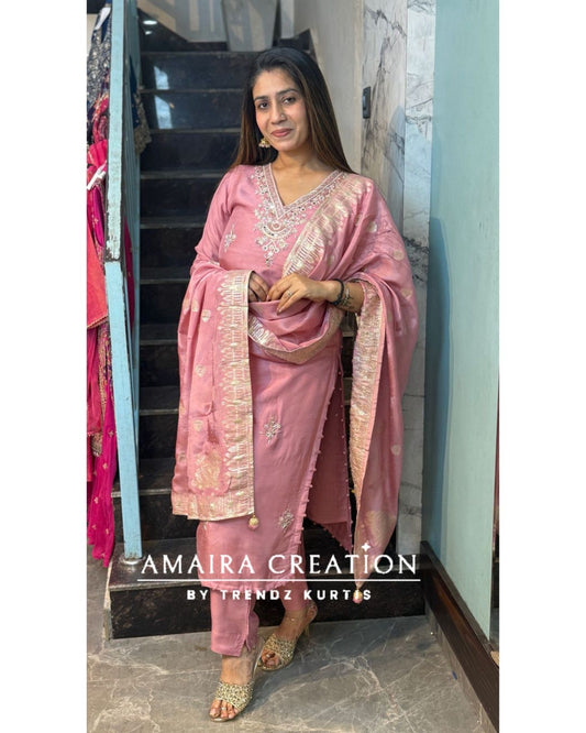 Premium Dola Silk Baby Pink Colour Pant Set With Banarasi Dupatta