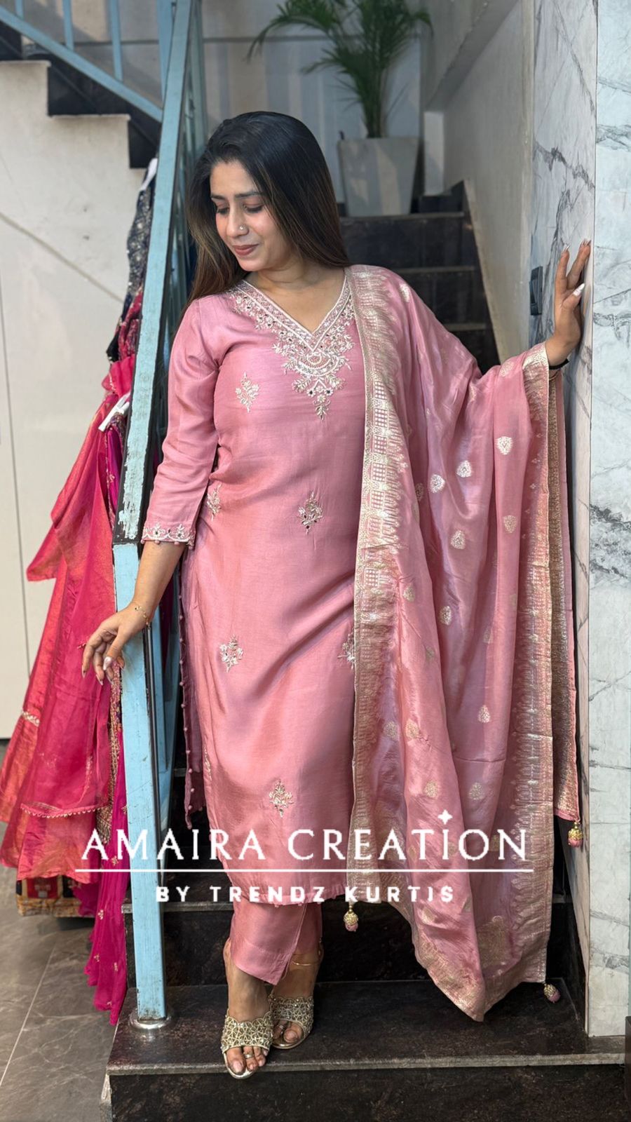 Premium Dola Silk Baby Pink Colour Pant Set With Banarasi Dupatta