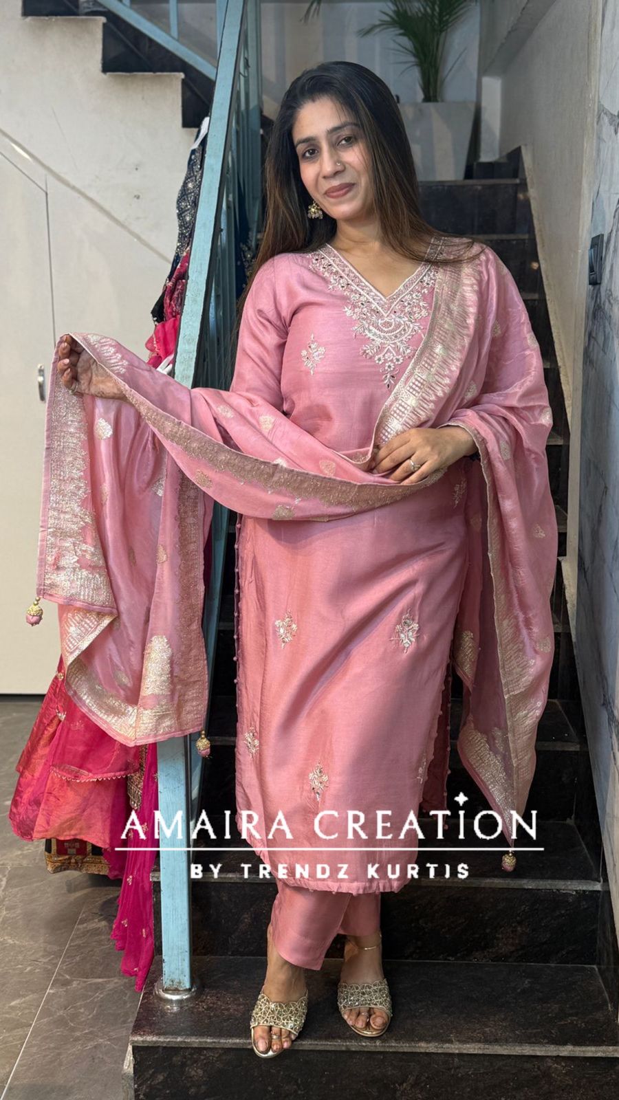 Premium Dola Silk Baby Pink Colour Pant Set With Banarasi Dupatta