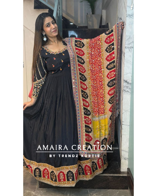 Premium Crepe Black Colour One Piece With Beautiful Neck Detailing And Crepe Dupatta