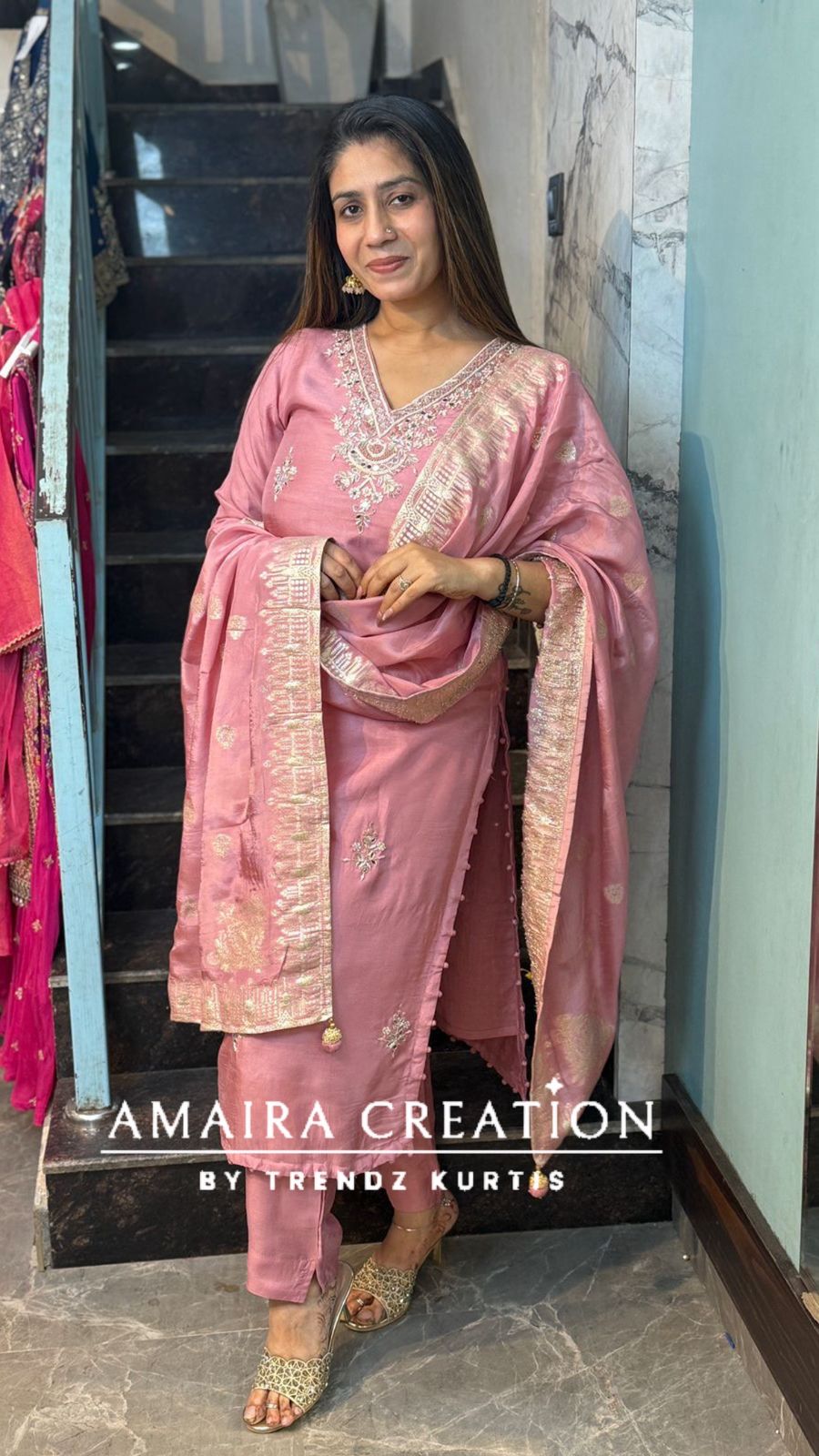 Premium Dola Silk Baby Pink Colour Pant Set With Banarasi Dupatta