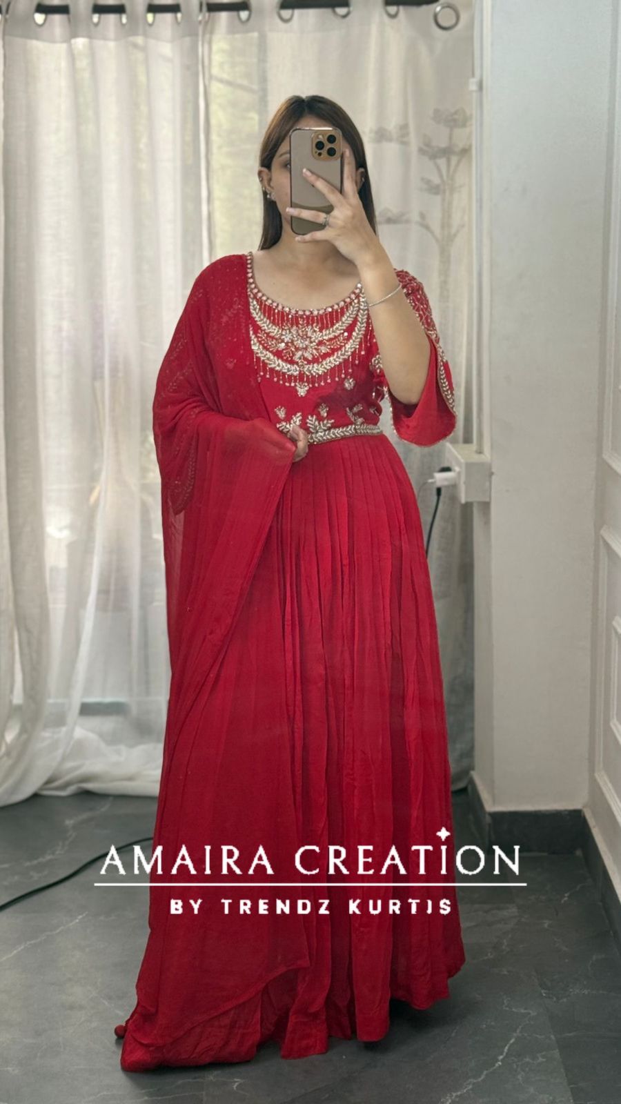 Premium Chinnon Red Colour One piece With Beautiful Hand Work