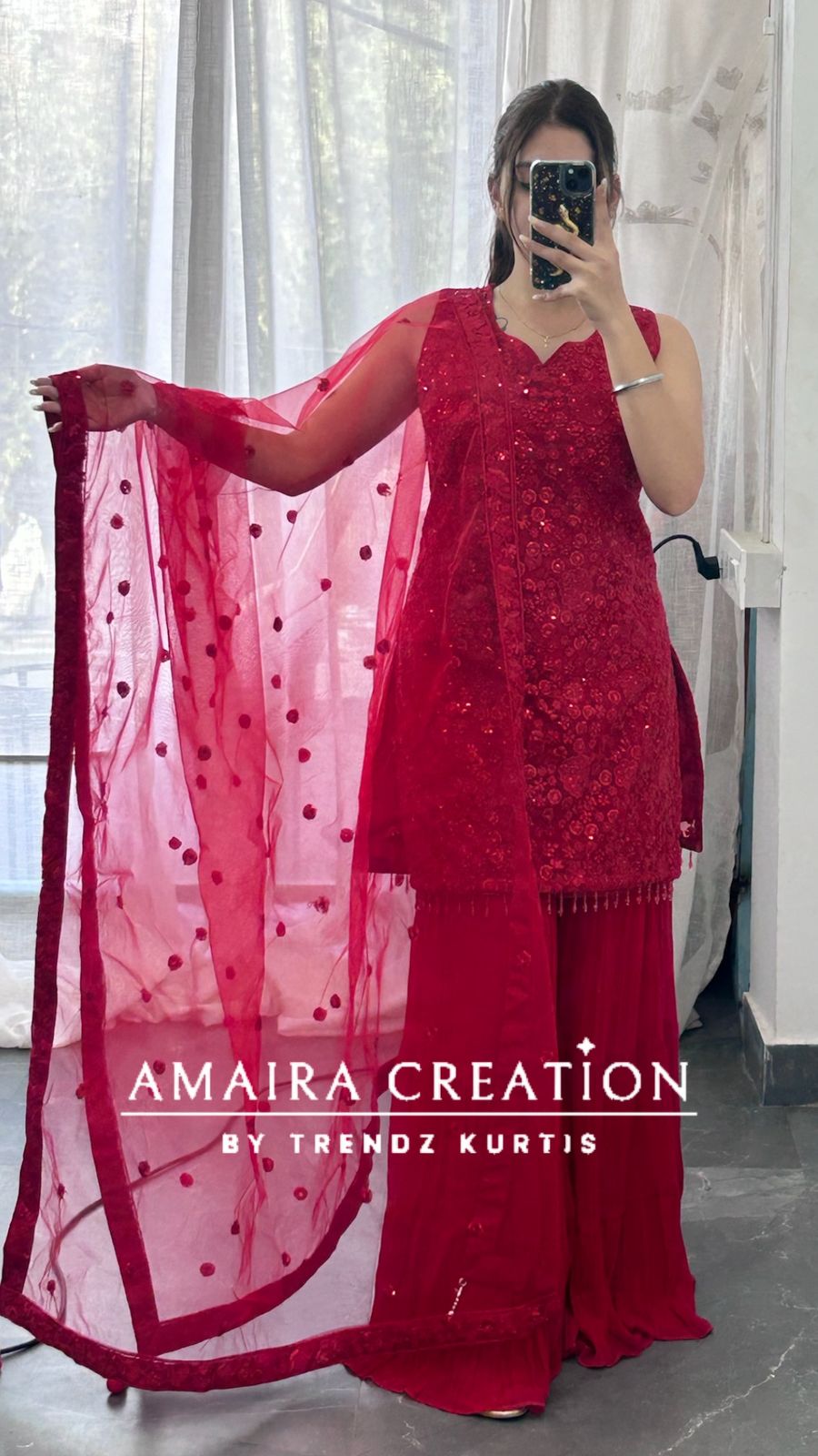 Premium Net Top With Thread Embroiderey, Sequence spreading & Georgette Sharara Set(16inches Net Sleeves Available)