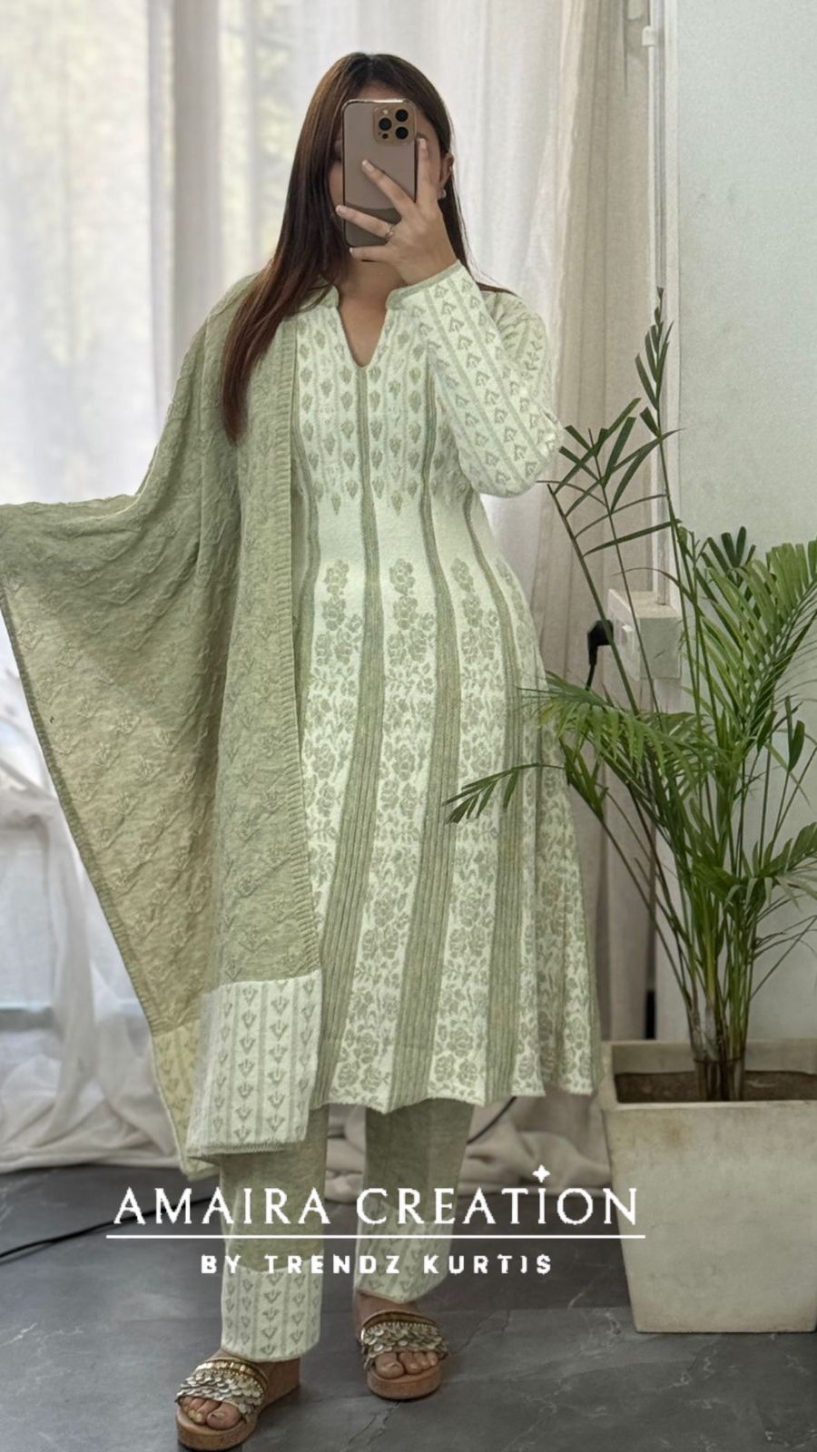 Premium Woolen Thread Embroidered White Anarkali Set