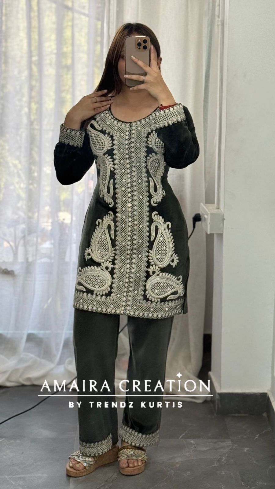 Premium Cauterised Woolen Olive Green Embroidery Cord set