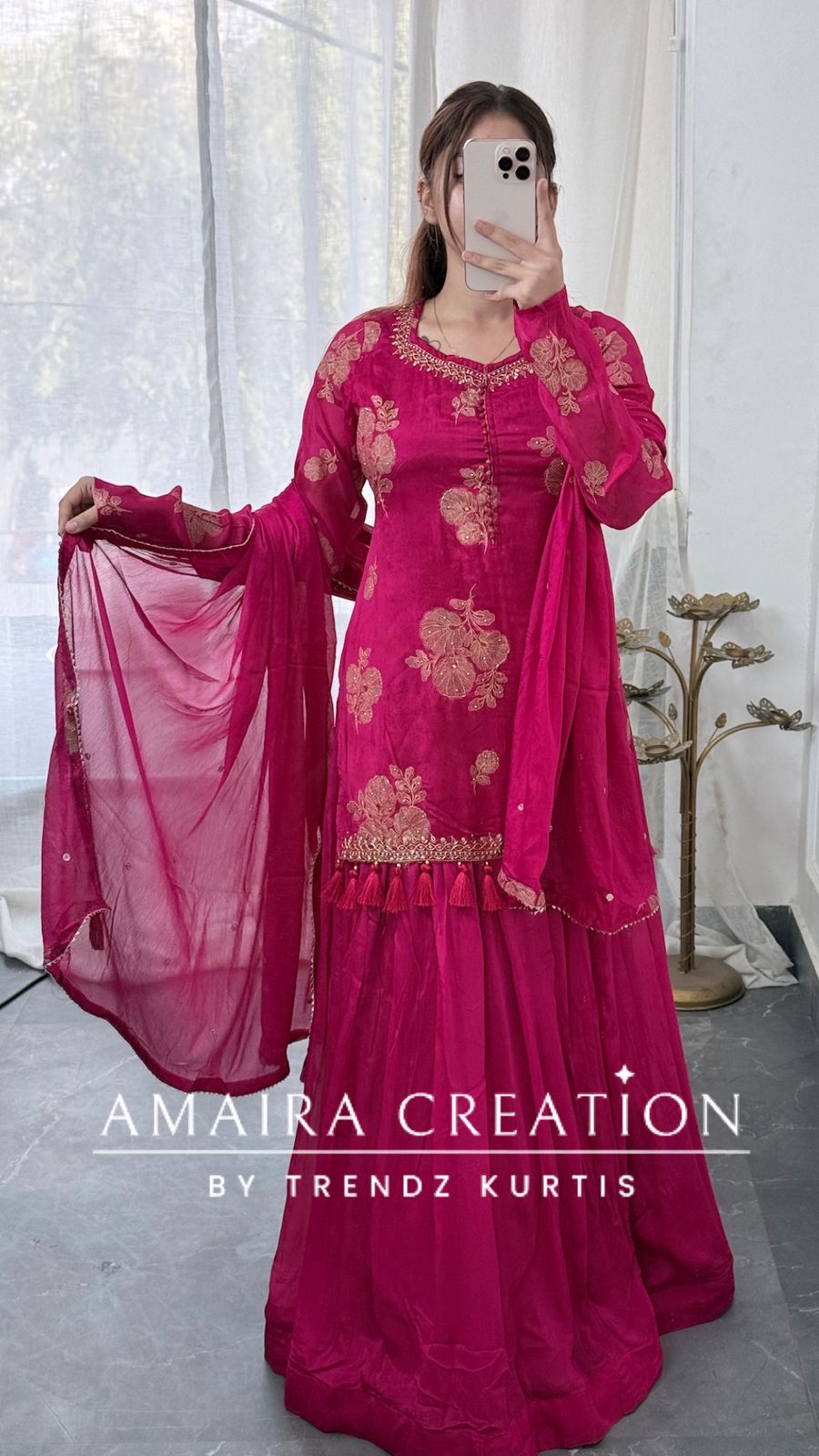 Premium Chinnon Pink Colour Skirt Set