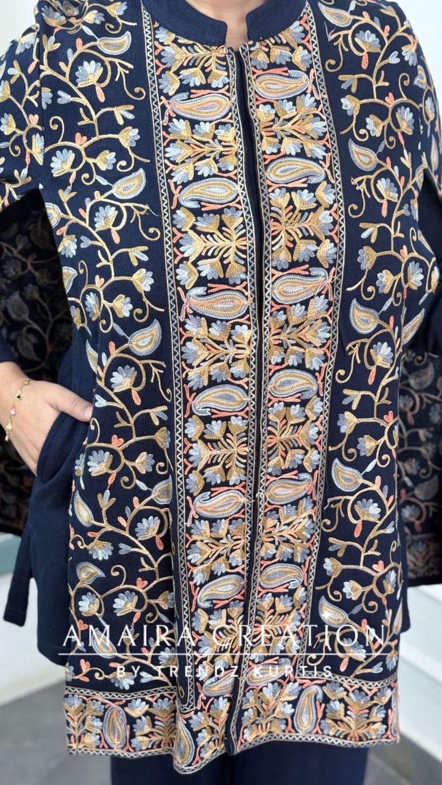 Premium Navy Blue Woolen Kashmiri Work Cape Pattern Cord Set