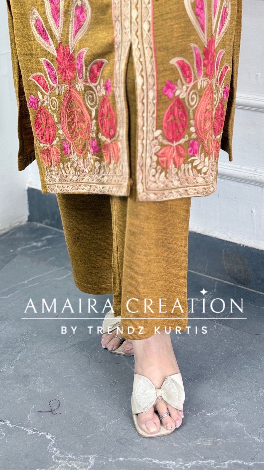 Premium Woolen Mustard Colour Kashmiri Work Pheran Set