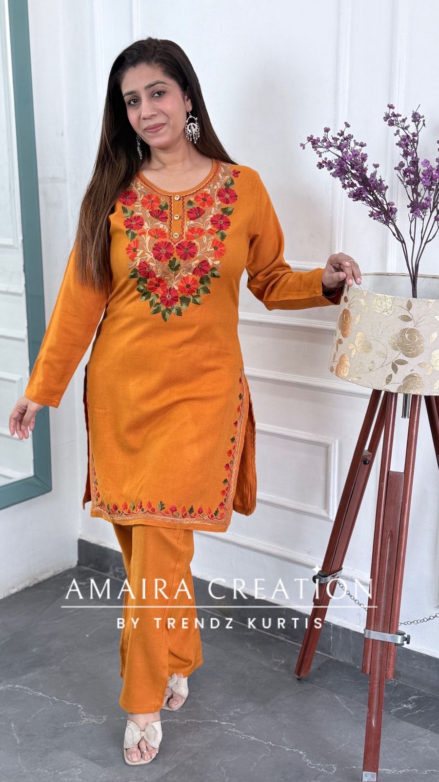 Premium Pashmina Mustard Colour Kashmiri Work Cord Set