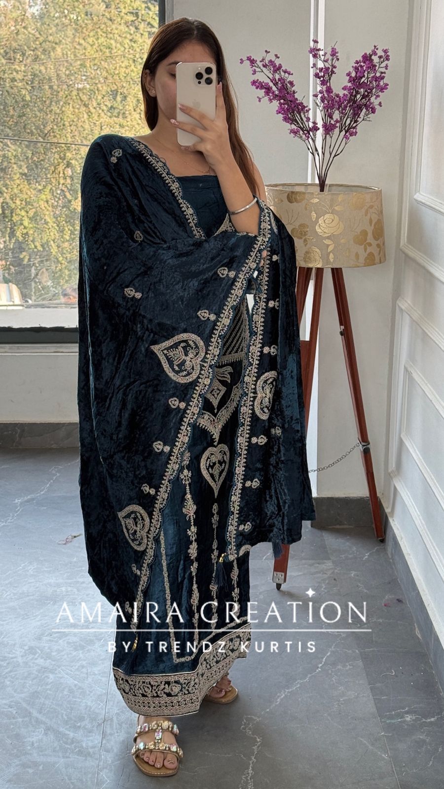 Premium Micro Velvet Blue Unstitched Suit With Brocade Bottom