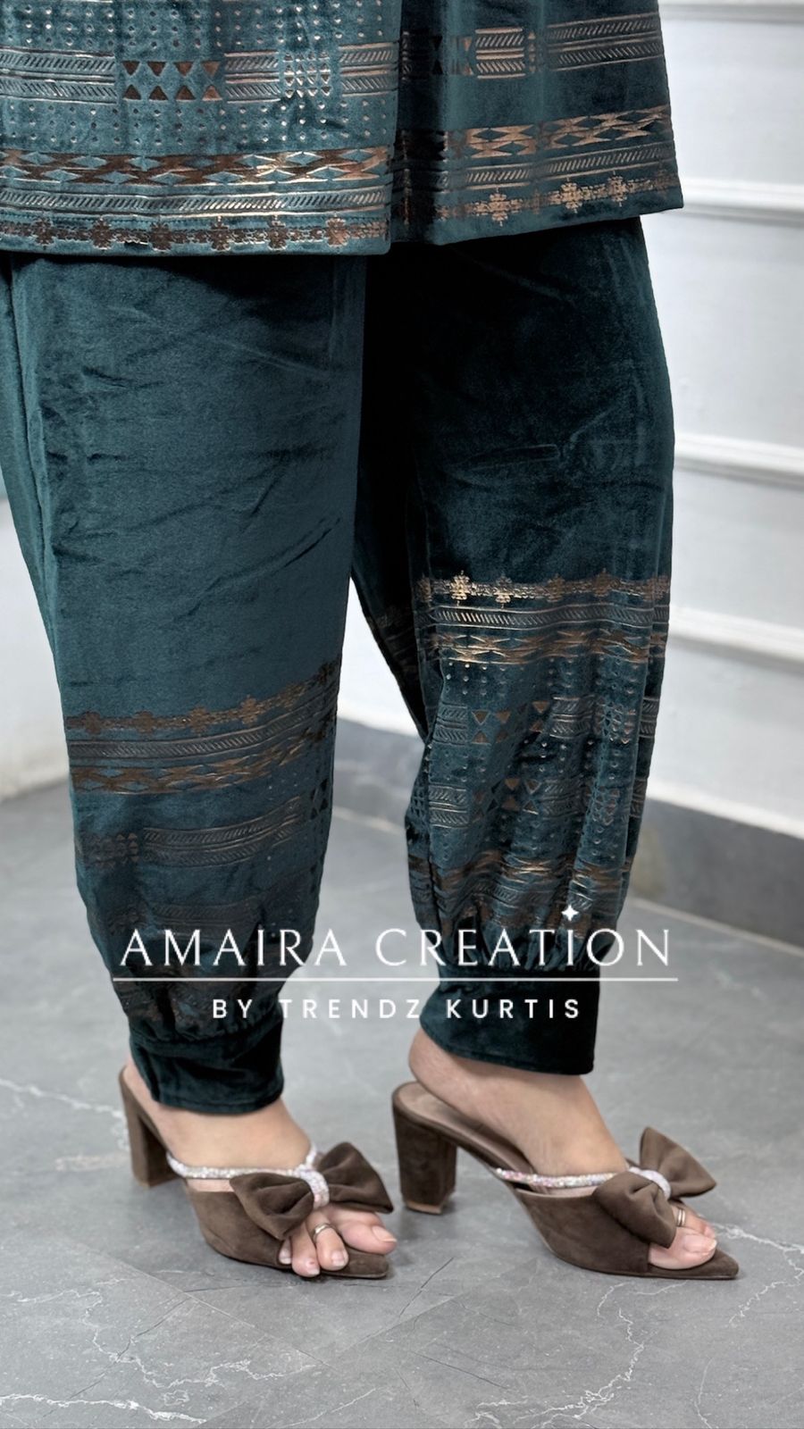 Premium Velvet Peacock Green Color Pintuck Afghani Pant Cord Set