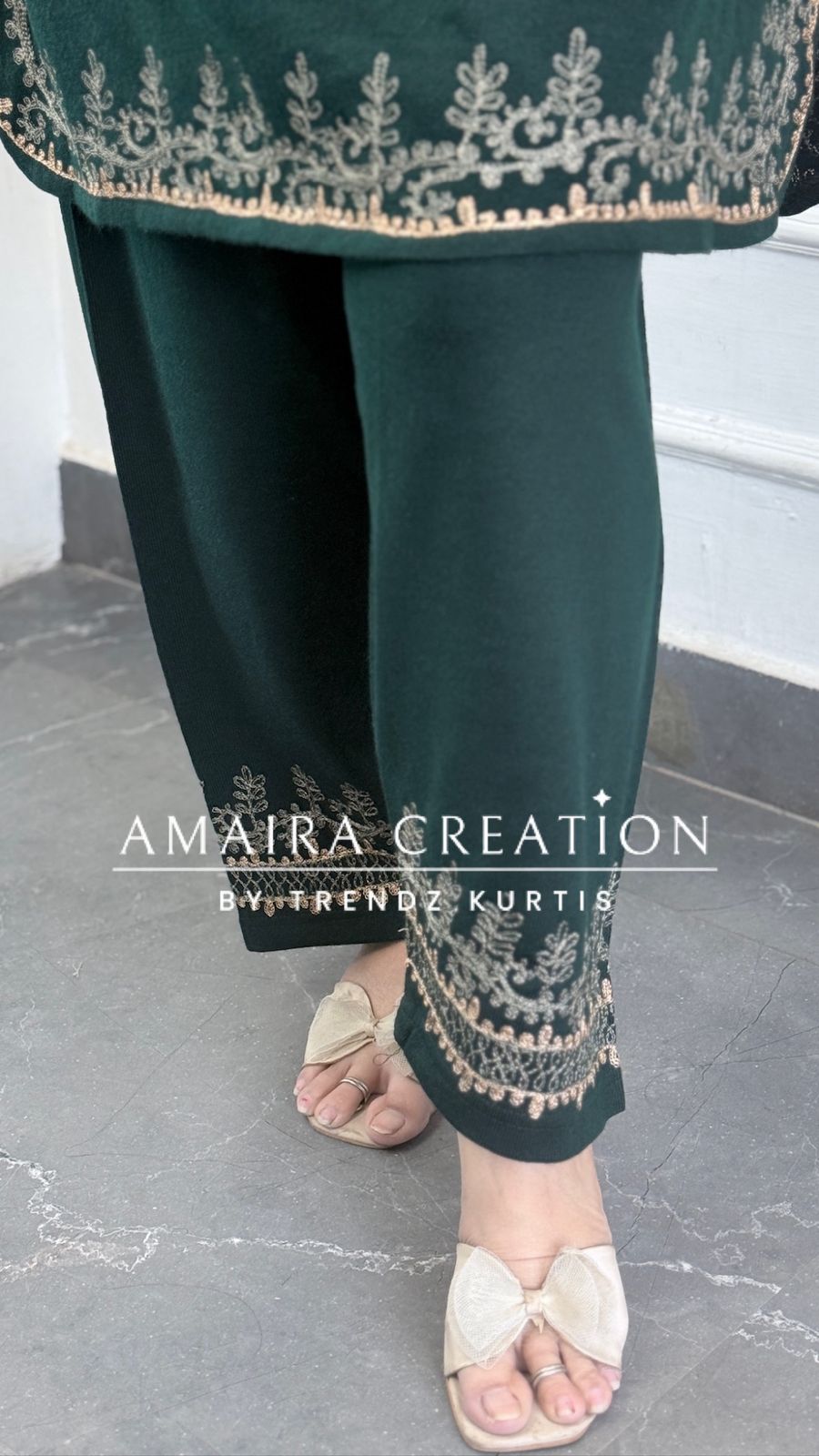 Premium Woolen Embroidered Peacock Green Farsi Salwar Cord Set