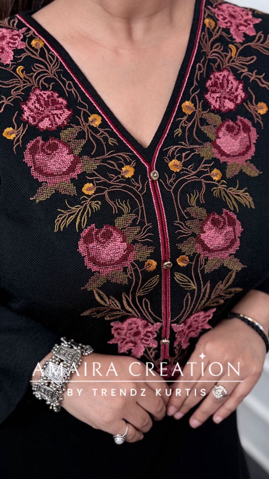 Premium Wool Black Thread Embroidered Short Kurti