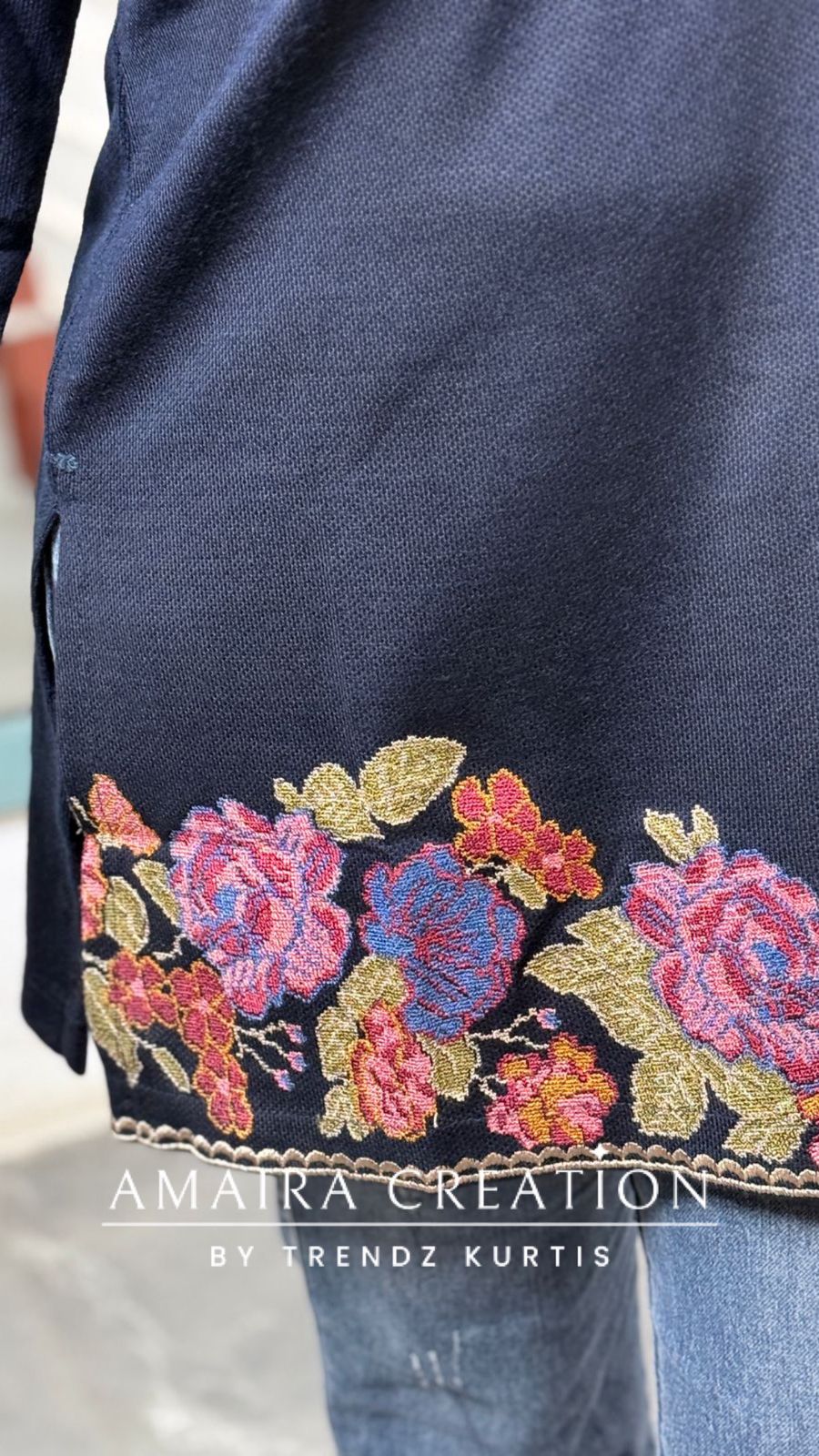 Premium Woolen Blue Colour Embroidered Short Kurti