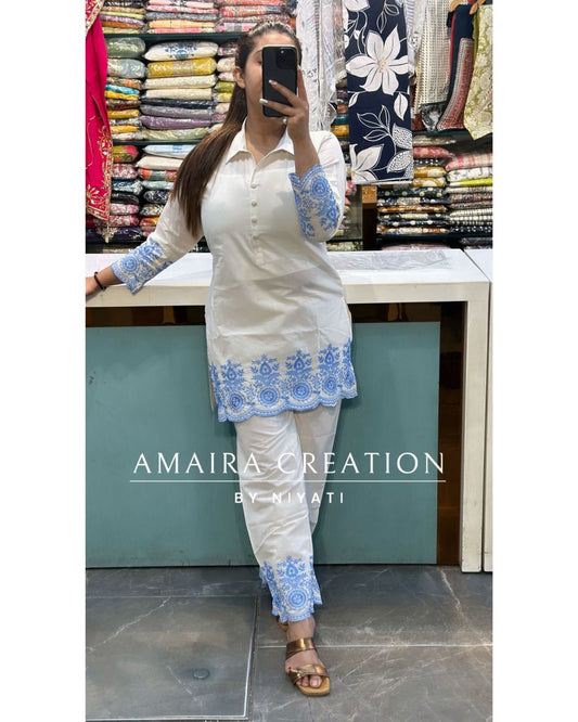 Mul Cotton White Color Sky Blue Thread Embroidery Cord Set(Full Cotton Lining)