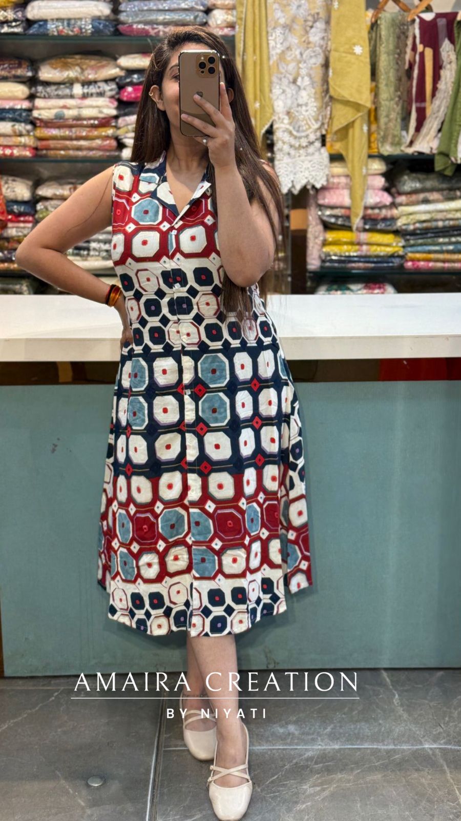 Premium Reyon Geometrical Print Dress(17inches Sleeves Availble)