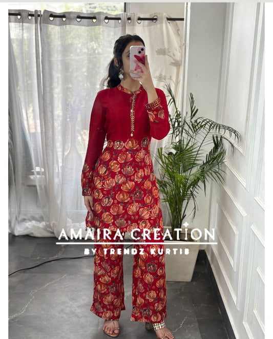 Premium Chinnon Red Floral Cord Set