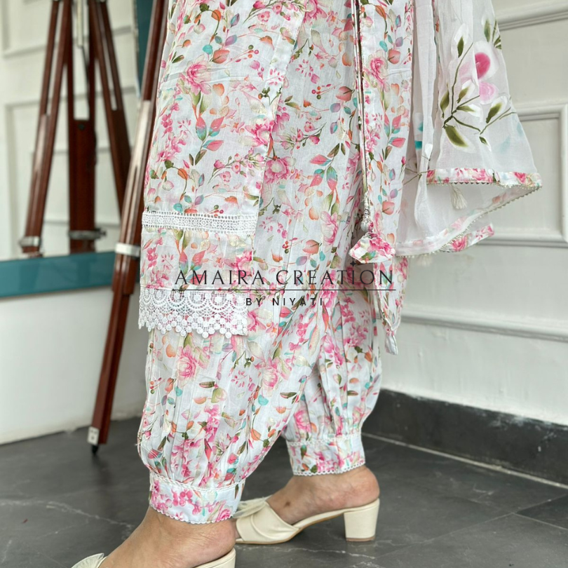 Mul Cotton Afghani Pant Set with Hand Print Chiffon Dupatta
