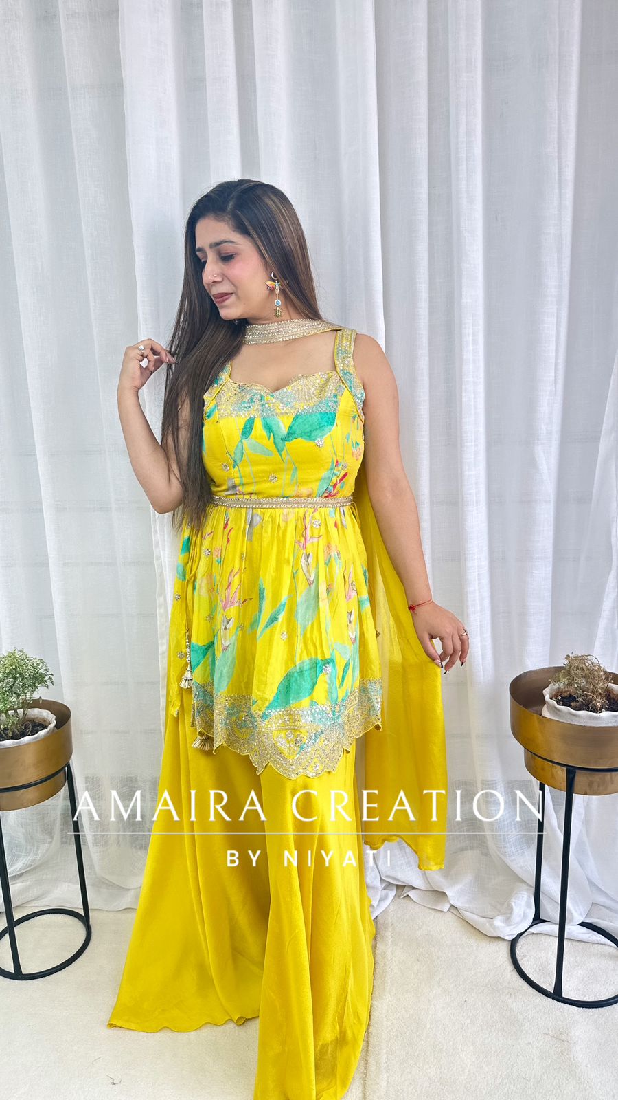 Lemon Peplum Designer Gharara Set (Sleeves Available)