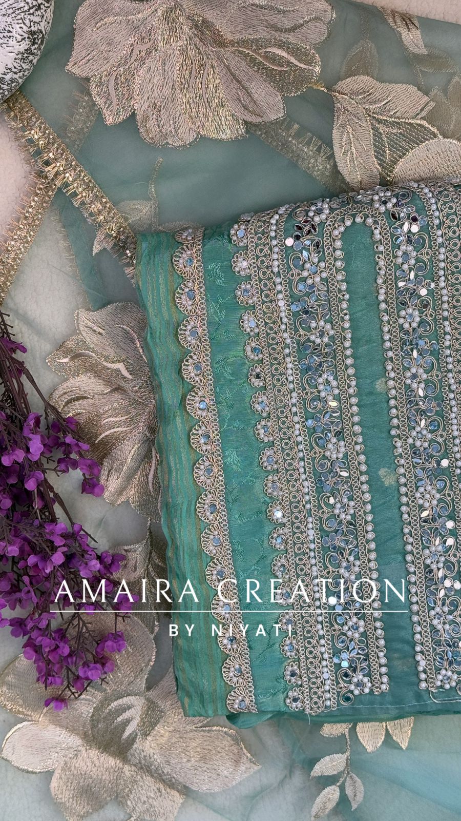 Pearl Work Organza Fabric Unstitch Suit With Beautiful Dupatta