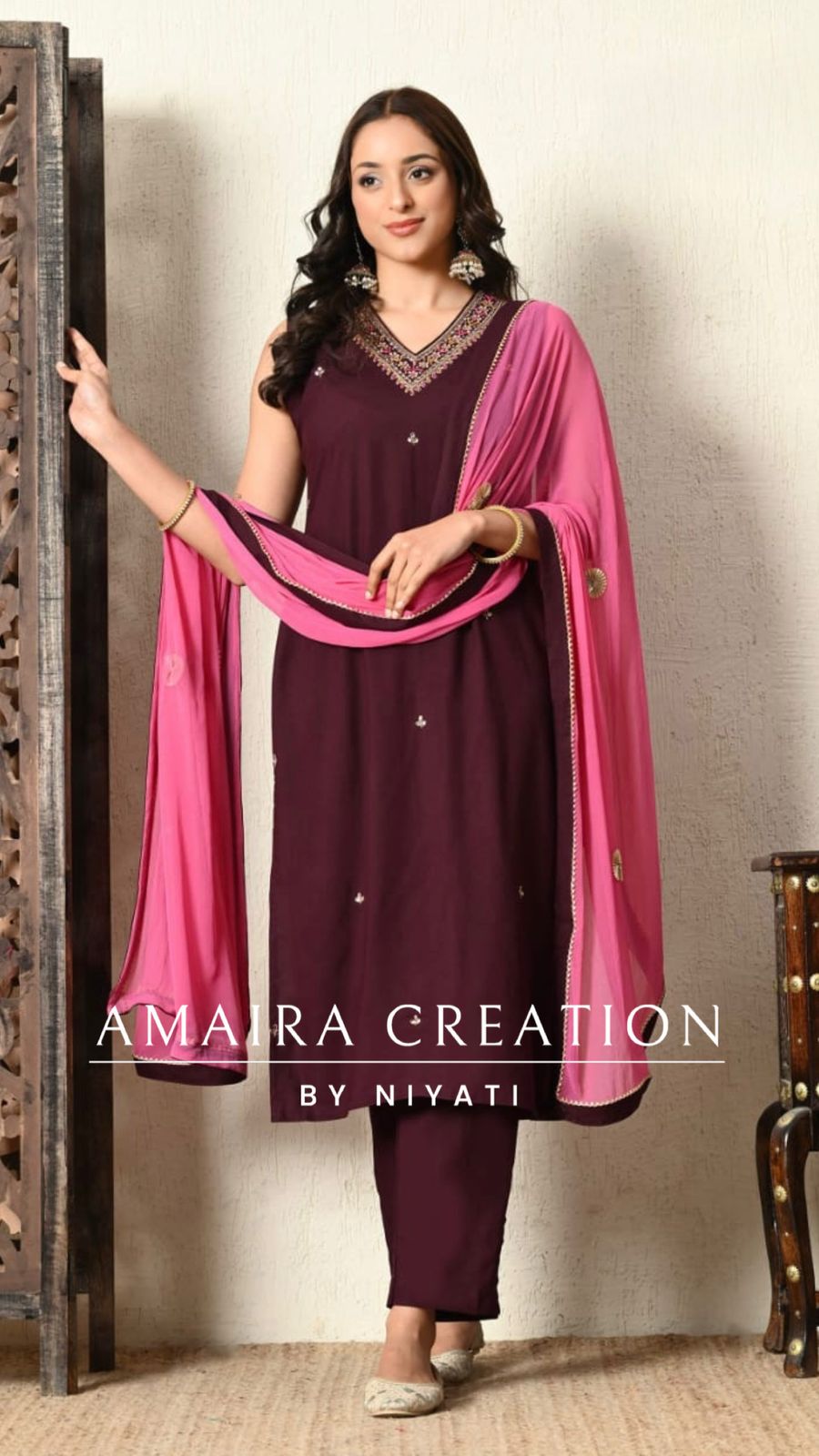 Wine Vichitra Silk Pant Set(17 inches Sleeves Available)