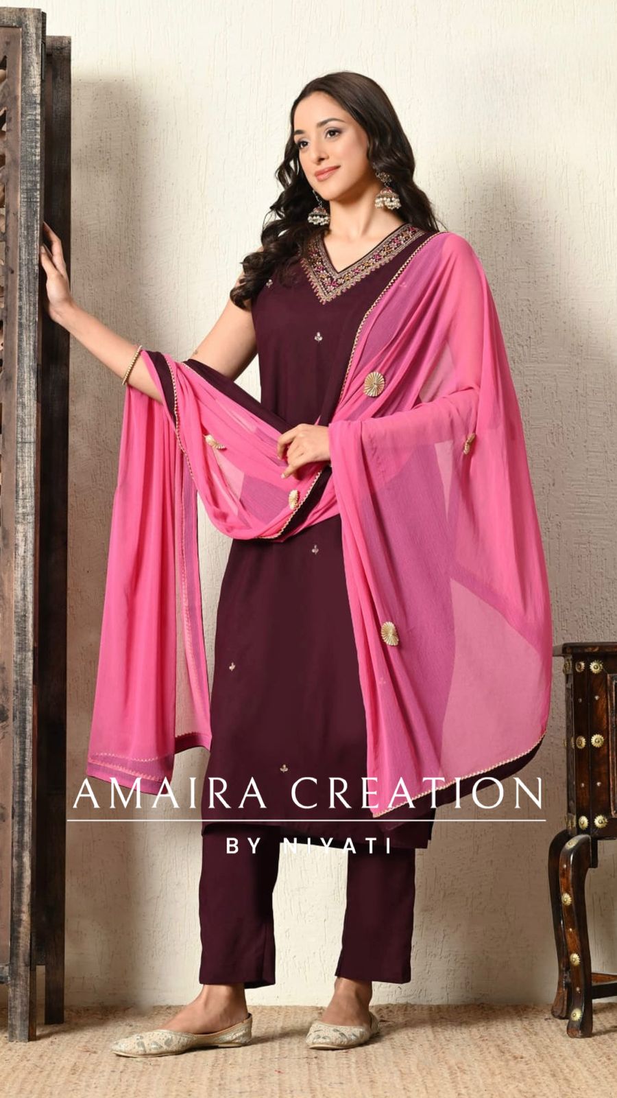 Wine Vichitra Silk Pant Set(17 inches Sleeves Available)