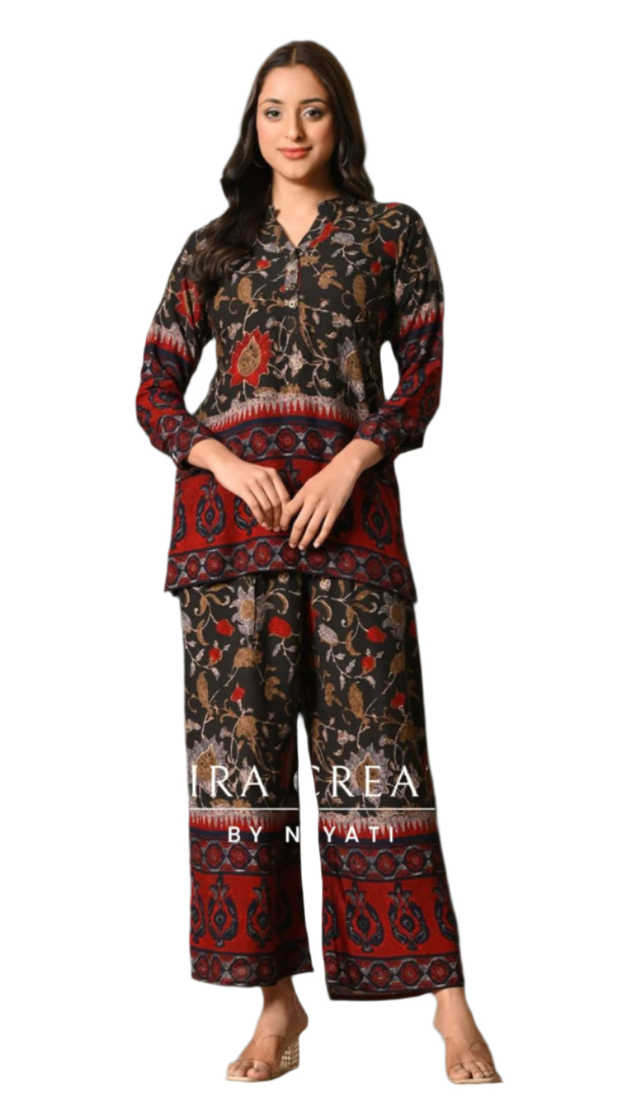 Black Kalamkari Print Reyon Fabric Cord Set