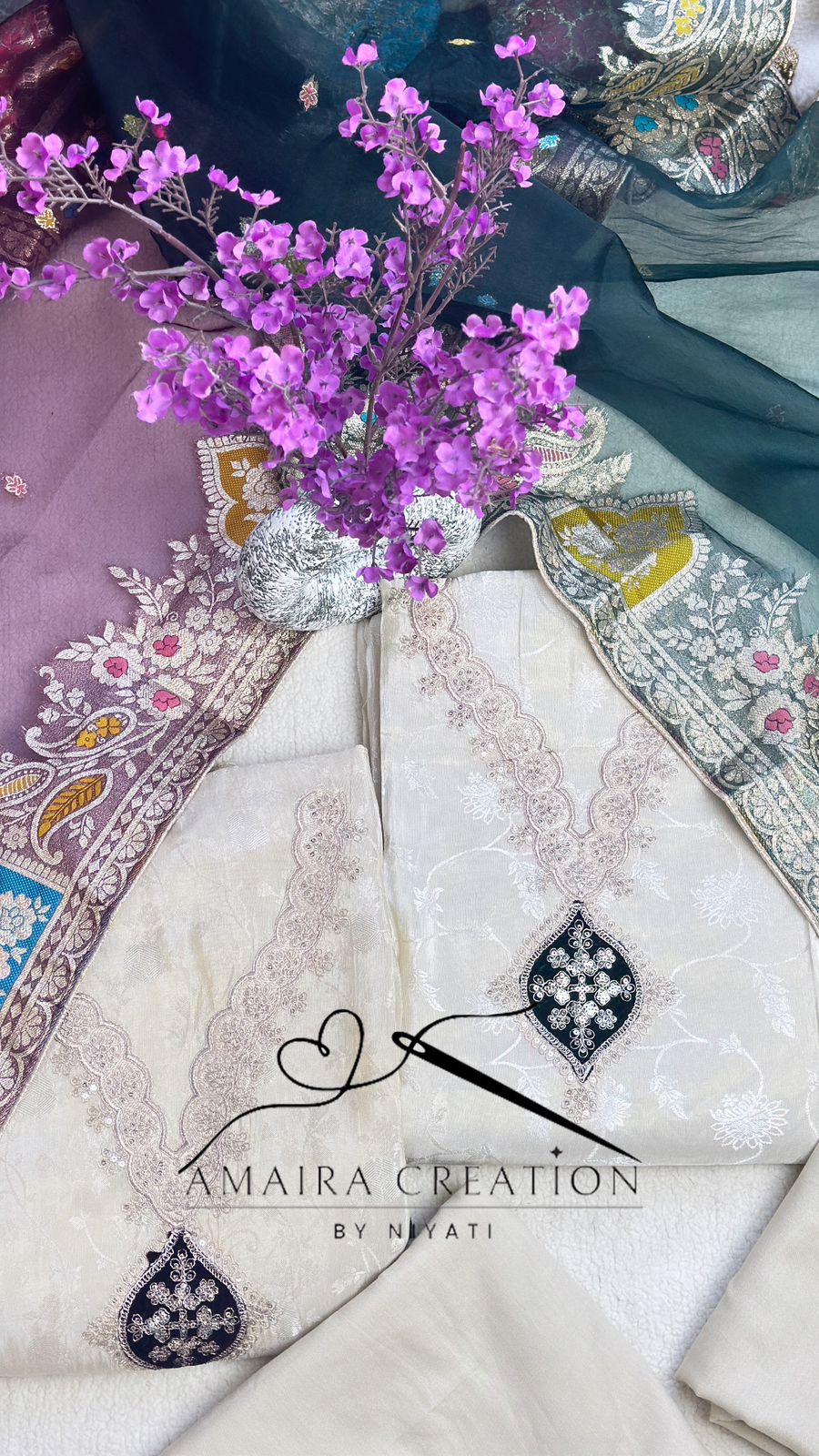 Cream Self Print Glass Tissue Unstitch Suit With (Organza Dupatta)